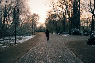 Rear view of man walking on road