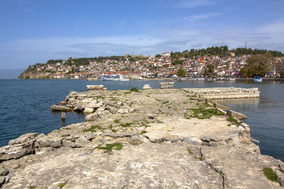 Scenic view of sea and buildings against sky