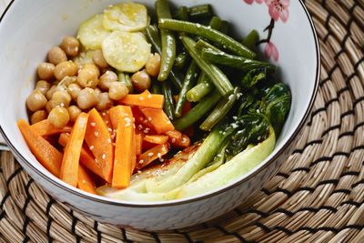 High angle view of vegetables in bowl on table