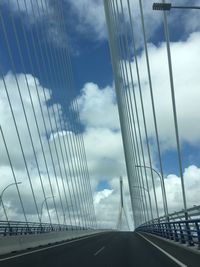Low angle view of suspension bridge against sky