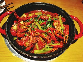 High angle view of noodles in bowl on table