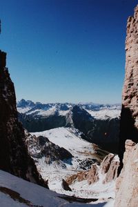 Scenic view of snowcapped mountains against clear blue sky