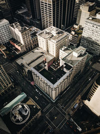 High angle view of modern buildings in city