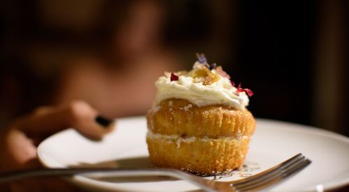 Close-up of cake in plate on table