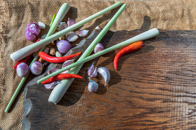 High angle view of vegetables on table