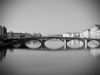 Bridge over river in city against clear sky