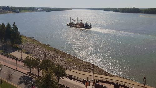 High angle view of ship sailing on sea