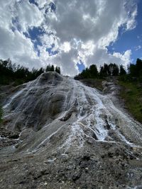 Scenic view of waterfall on field against sky