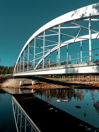 Low angle view of bridge over river against clear blue sky