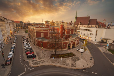 High angle view of city street against sky