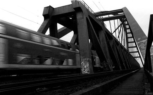 Train on bridge against sky