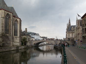 Bridge over river with buildings in background