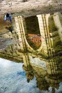 Reflection of man walking on puddle