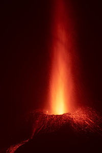 Powerful devastating eruption of cumbre vieja volcano at night in la palma island