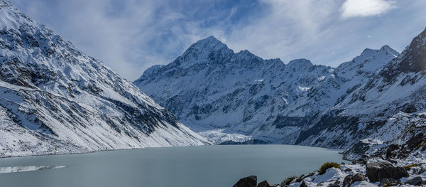 Scenic view of snowcapped mountains against sky