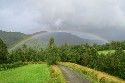 Scenic view of rainbow over landscape against sky