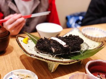 Close-up of food served on table