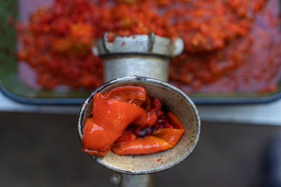 High angle view of orange slices in container