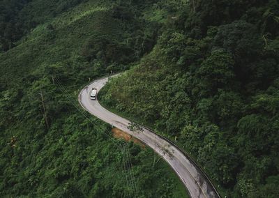 High angle view of road amidst trees in forest