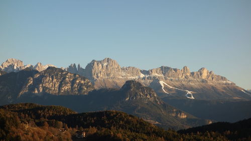 Panoramic view of mountain range against blue sky