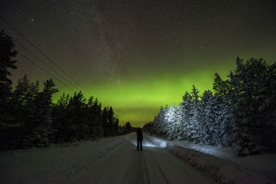 Man walking on road amidst trees against star field at night