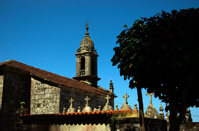 Low angle view of traditional building against clear blue sky