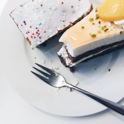 High angle view of cakes and fork in plate