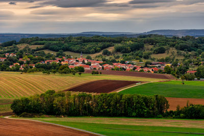 Scenic view of agricultural field against sky