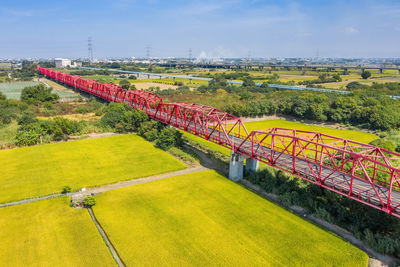 Train on field against sky