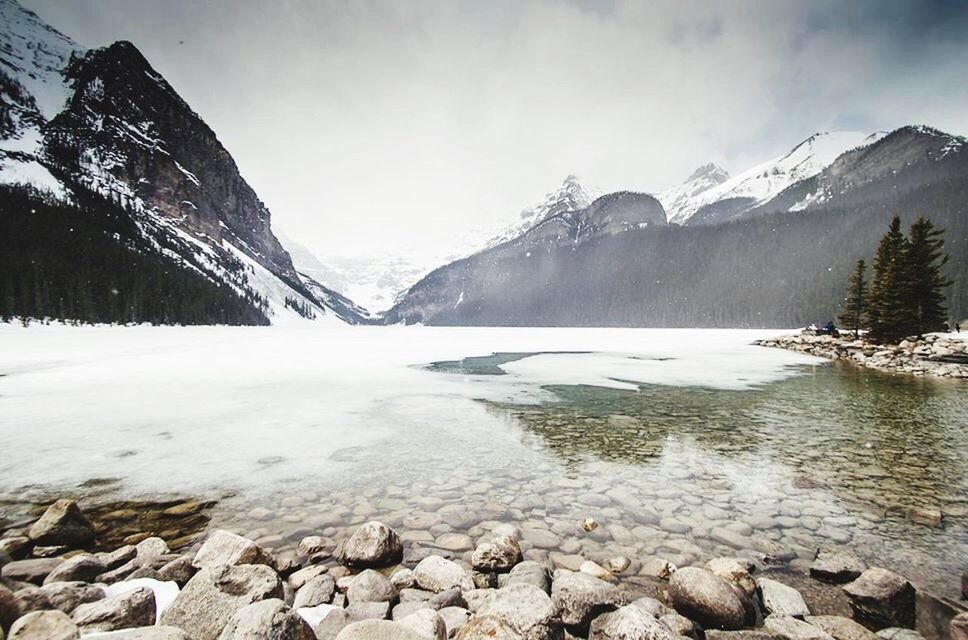 SCENIC VIEW OF FROZEN LAKE BY MOUNTAINS AGAINST SKY