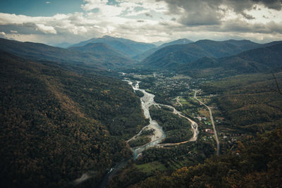 High angle view of mountains against sky