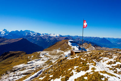 Scenic view of snowcapped mountains against blue sky