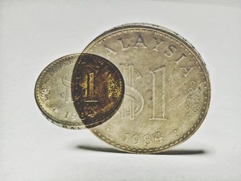 Close-up of coins on white background