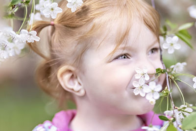 Close-up portrait of a toddler girl with red hair in front of a cherry blossom. spring.