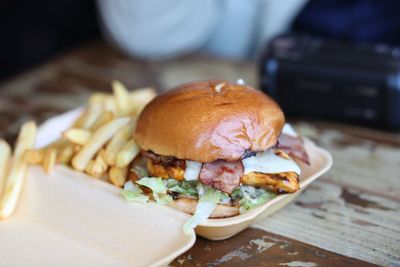 Close-up of burger on table