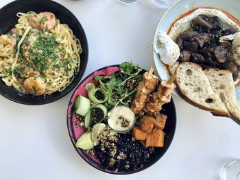 High angle view of breakfast served on table