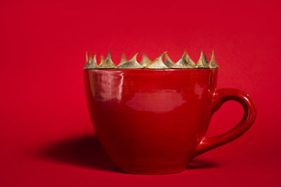 Close-up of drink in glass against red background