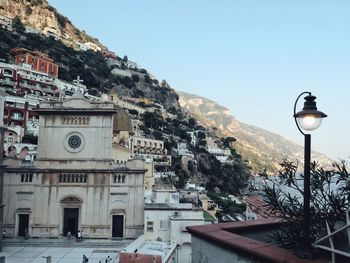 Low angle view of buildings in city of positano