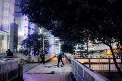 People walking on illuminated street at night