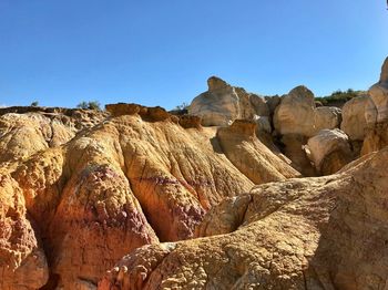 Rock formations against clear blue sky