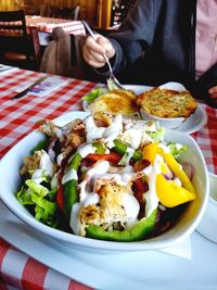 Close-up of food served on table