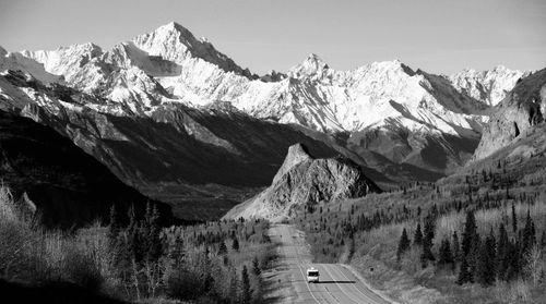 Scenic view of snow covered mountains