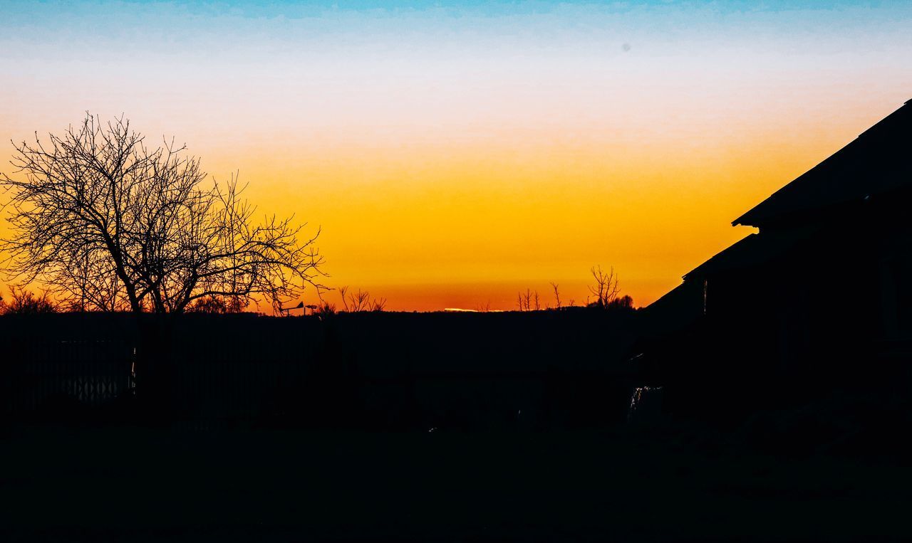 SILHOUETTE TREES AND BUILDINGS AGAINST ORANGE SKY