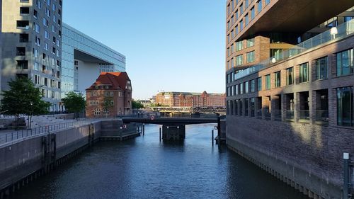 Canal amidst buildings against clear sky in city
