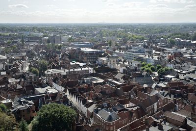 High angle shot of townscape against sky