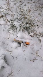 High angle view of snow on field