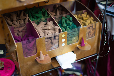 High angle view of multi colored candies on table