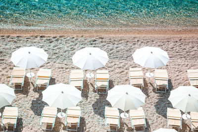 High angle view of parasols on beach