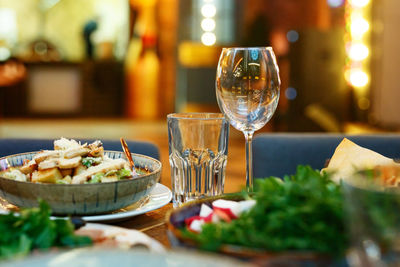 Glass of wine on table in restaurant