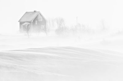 Snowy landscape with wooden house